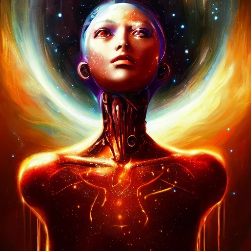 Prompt: a female robot AI painting beautiful cosmic art on a canvas, by artgerm and wlop and scott fischer and seb mckinnon, digital art, highly detailed, wide shot, intricate, fantasy, mystical, sharp focus, Trending on Artstation HQ, deviantart, unreal engine 5, 4K UHD image