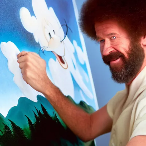 Image similar to a closeup photorealistic photograph of bob ross working on a canvas painting of mickey mouse. film still. brightly lit scene. mountains and trees. this 4 k hd image is trending on artstation, featured on behance, well - rendered, extra crisp, features intricate detail, epic composition and the style of unreal engine.