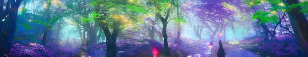 Image similar to spiritual journey through an infinite glowing colorful magical forest, sakura trees, sakura season dynamic lighting, landscape, artwork by jeremy lipkin and giuseppe dangelico pino and michael garmash and rob rey and greg manchess and huang guangjian and makoto shinkai, pixiv, 1 0 0 mm