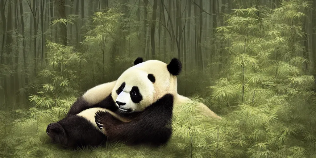 Image similar to beautiful aesthetic digital illustration of a relaxed panda surrounded by an endless forest of weed wlop and Julia Razumova, realistic, photorealistic, hyperrealistic, unreal engine, octane, deviantArt, trending on artstation, artstation HQ