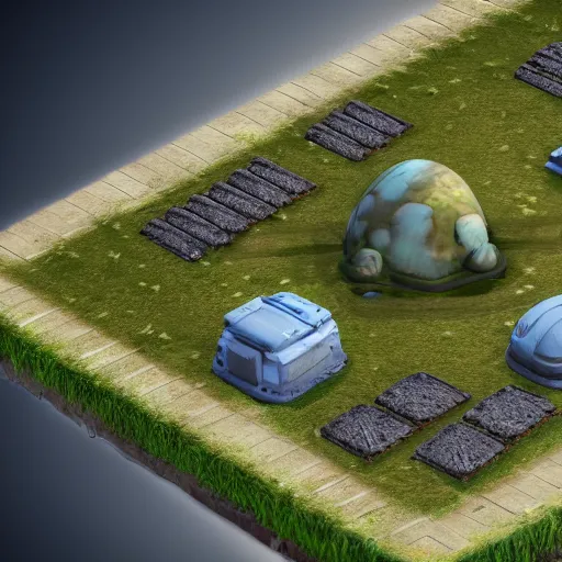 Prompt: isometric view of a colony on a strange planet, from a game, photorealistic graphics, unreal engine