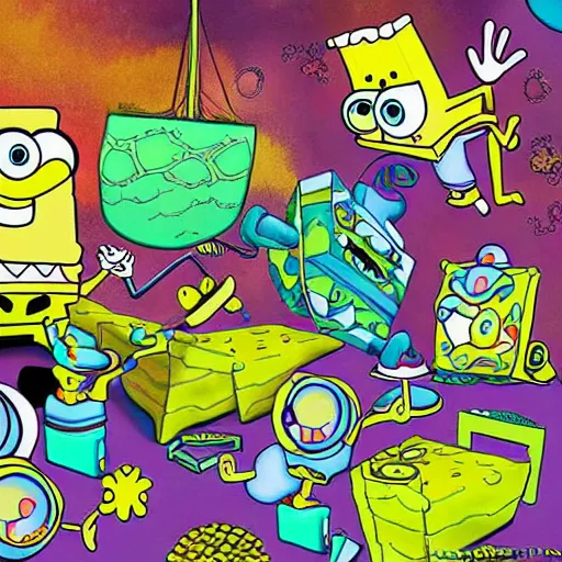 Image similar to spongebob squarepants in an abstract world with weed clouds, digital art, amazing detail, by Lulu Chen