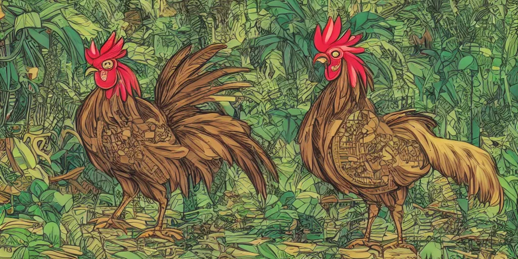 Image similar to beautiful schematic of a fighting rooster made of rocket and car engine parts in a jungle background, schematic, dieselpunk, illustration, intricate, highly detailed, studio ghibli color scheme