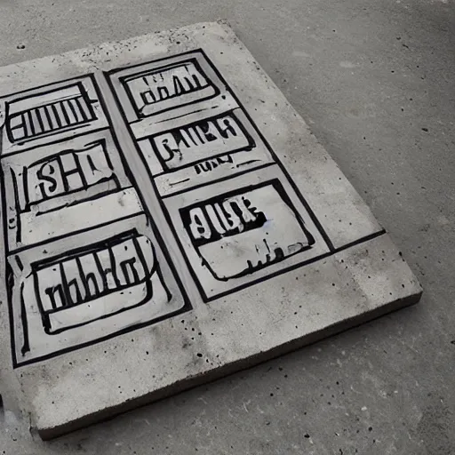 Image similar to Expressive and experimental lettering on a concrete slate, combined with squared old tv screens