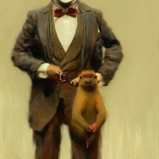 Image similar to portrait of a proud capybara dressed as a gentleman, artwork by gaston bussiere, craig mullins, trending on artstation, capybara wearing a gentleman's uniform