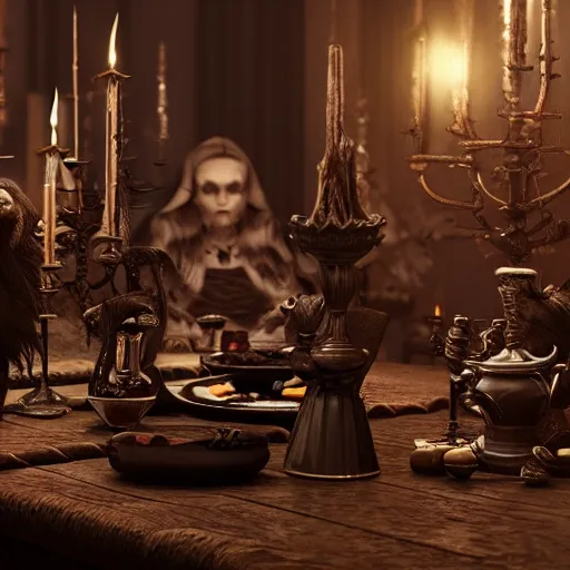 Image similar to dark witches sitting at a table doing a ritual. Ornate details, award winning. Octane render, 4k, 8k, unreal 5, very detailed, hyper control-realism, trending on artstation.”