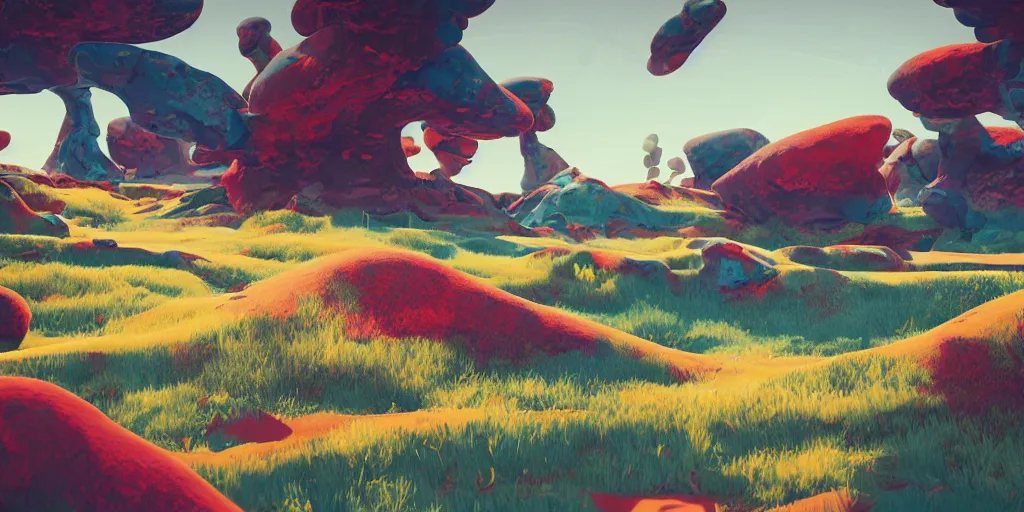 Prompt: abstract 3d painted landscape in the year 2020 by james jean painted in no mans sky style, redshift, octane