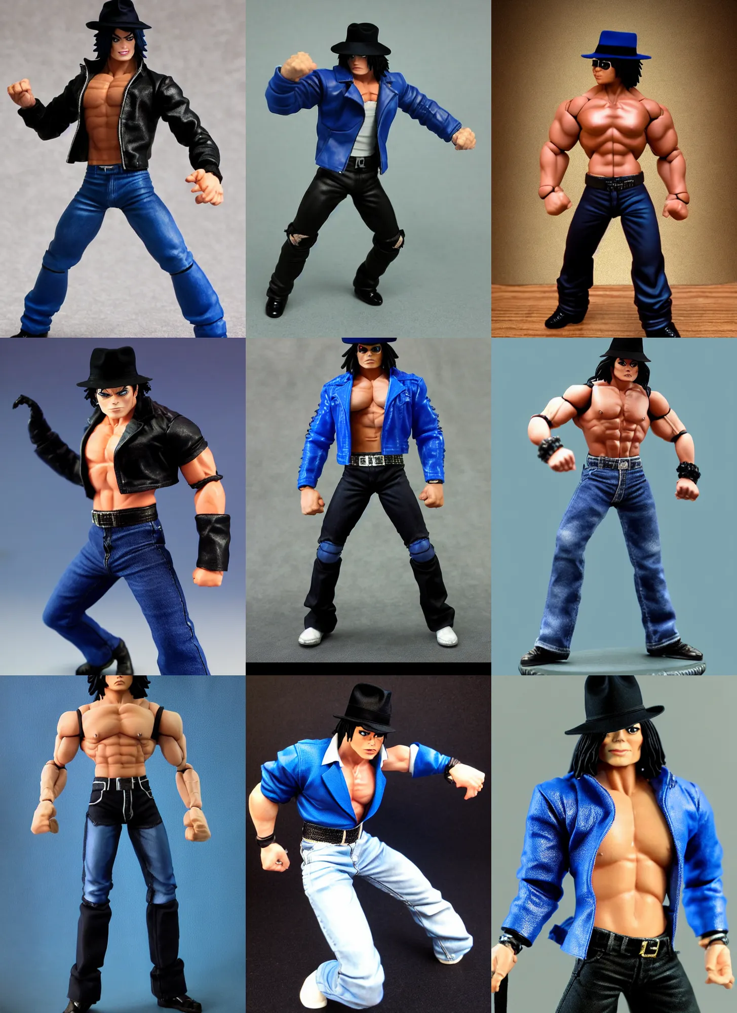 Prompt: michael jackson oversized muscular hulked powerlifter with fedora hat by neca!!! pretty! beautiful! action pose shirtless muscular black pants blue military jacket very detailed realistic action figure by neca macro face shot face shot in the style of jojo adventure, character from king of fighters, film still, bokehs