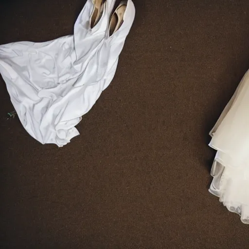 Image similar to a bedroom floor with a wedding dress discarded in a heap and a suit on the floor