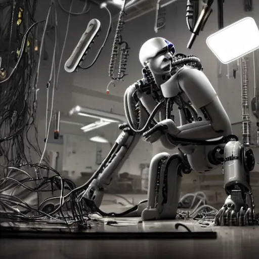 Prompt: a man trapped in a cyborg repair factory, being dissembled by robotic arms, all around are body parts, circuit boards, wires, biomech,, panavision