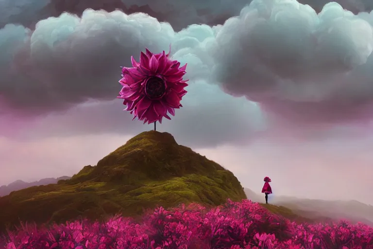 Image similar to giant dahlia flower crown head woman walking on mountain, surreal photography, pink storm clouds, dramatic light, impressionist painting, digital painting, artstation, simon stalenhag