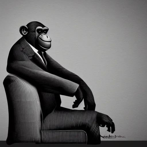 Image similar to Portrait of a film noir anthropomorphic chimp detective wearing a suit and sitting in an office chair, intricate, elegant, highly detailed, smooth, sharp focus, detailed face, high contrast, dramatic lighting, graphic novel, art by Michael Choi,
