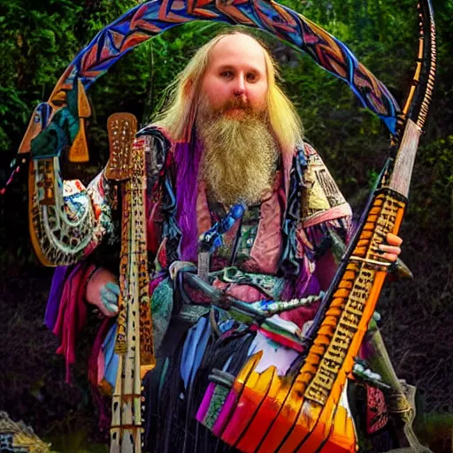 Image similar to Varg Virkenes as crazy bard, playing the nyckelharpa in his beautiful house, hyper detailed, hyper realistic, flavour of magick, full of earthly colours with some neon accents