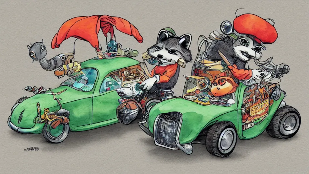 Image similar to cute and funny, racoon riding in a tiny hot rod coupe with oversized engine, ratfink style by ed roth, centered award winning watercolor pen illustration, isometric illustration by chihiro iwasaki, edited by range murata