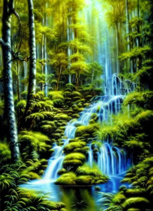 Image similar to waterfall in a forest, an airbrush painting by terry redlin, deviantart, metaphysical painting, airbrush art, detailed painting, oil on canvas