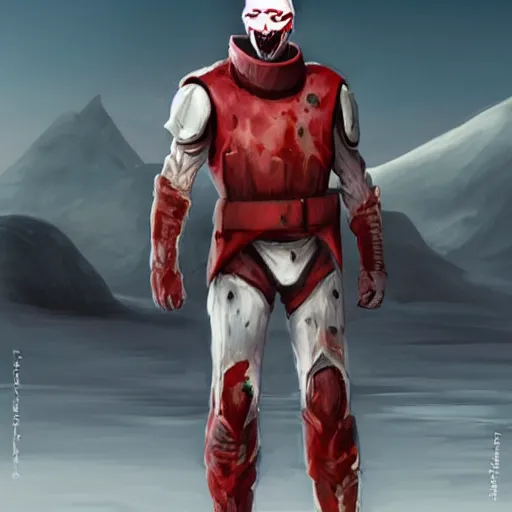 Image similar to full body shot of a muscular soldier vertical nose slits, angular eyebrows, blood - spattered glossy sleek white dinged scuffed armor and a long torn red cape, heroic posture, battle - weary, strained expression, determined expression, no helmet, on the surface of mars, dramatic lighting, cinematic, sci - fi, hyperrealistic, detailed