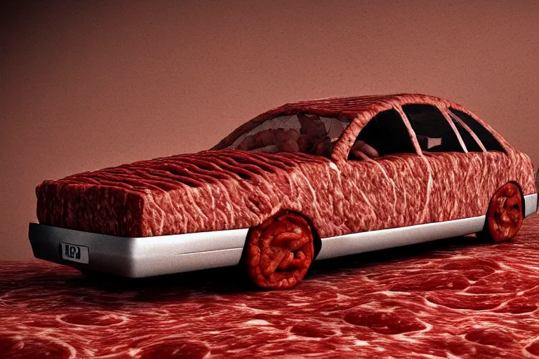 Image similar to car made of meat, sinister meat car, hd render, digital art