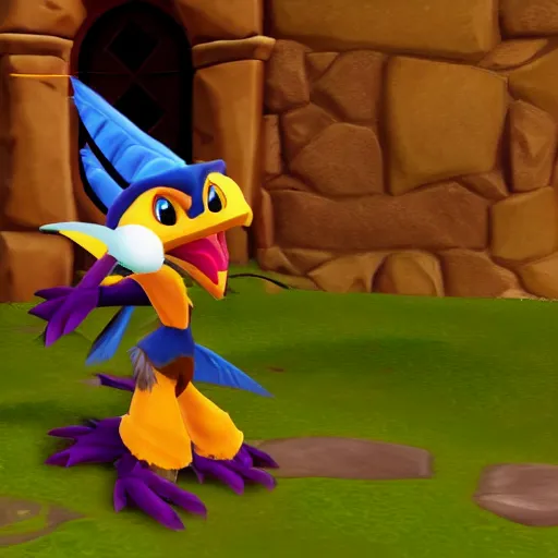 Image similar to screenshot of a humanoid anthropomorphic gryphon bard with a feather in its cap as an enemy in spyro the dragon video game, with playstation 1 graphics, activision blizzard, upscaled to high resolution