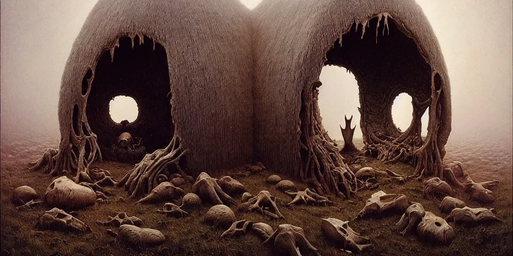 Prompt: cozy hut made out of a giant moose skull, Zdzislaw Beksinski, Wayne Barlowe, gothic, cosmic horror, dystopian, biomorphic, lovecraftian, amazing details, cold hue's