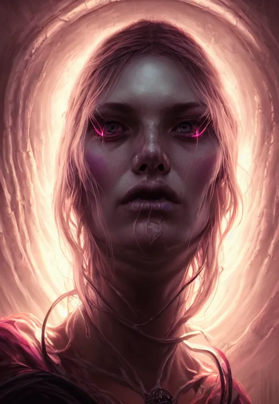 Image similar to Necromancer Sorceress face close-up macro in center, fantasy magic, undercut hairstyle, dark light night, intricate, elegant, sharp focus, illustration, highly detailed, digital painting, concept art, matte, art by WLOP and Artgerm and Greg Rutkowski and Alphonse Mucha, masterpiece