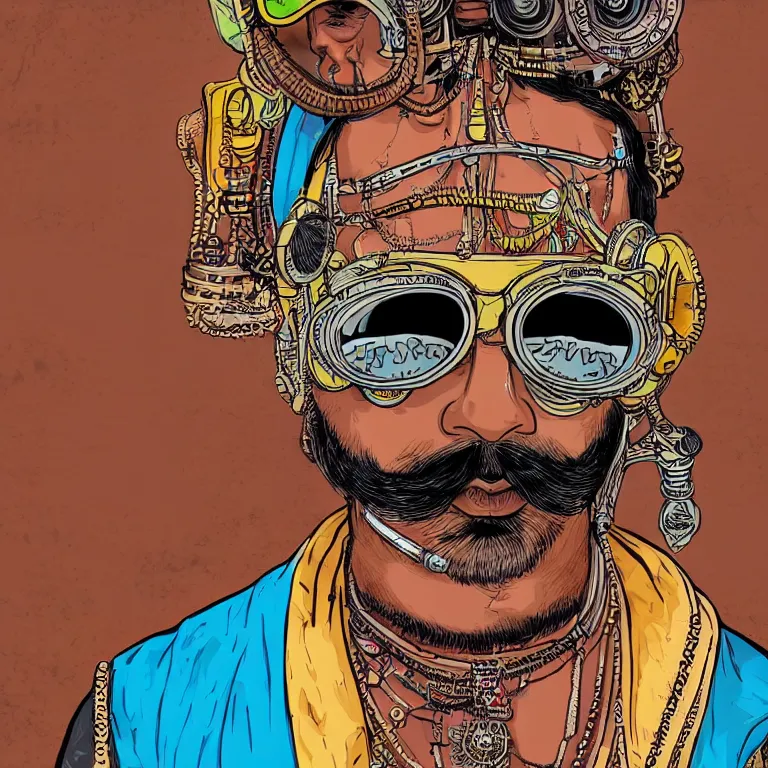 Image similar to face portrait of an indian man with long neon moustache rajasthani pagdi wearing madmax style steampunk goggles and steampunk jewelry, art by butcher billy, sticker, colorful, illustration, highly detailed, simple, smooth and clean vector curves, no jagged lines, vector art, smooth