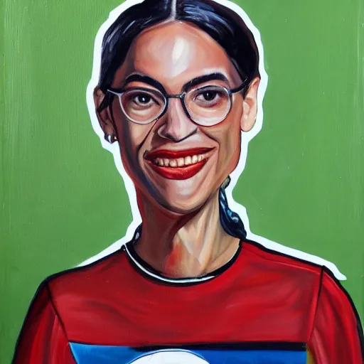 Prompt: a painting of Alexandria Ocasio-Cortez wearing Marlon Barndo's shirt