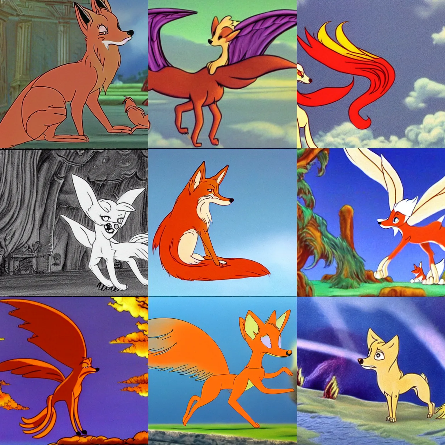 Prompt: a winged fox in all dogs go to heaven ( 1 9 8 8 ), animation still, don bluth
