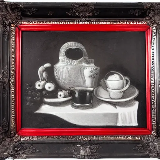 Image similar to a black and white nature morte painting in a bright red frame