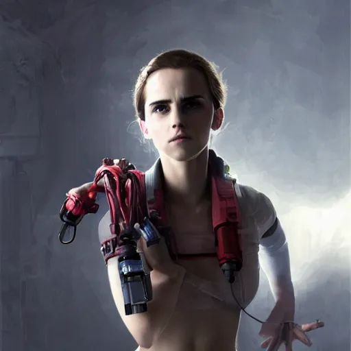 Prompt: a girl who is a mix of emma watson and scarlett johansson and nathalie portman, she is plugging herself to a computer through an usb cable and a port in her arm, cables, it, very detailled, by david rutkowski and artgem