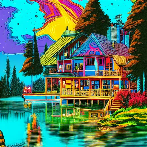 Prompt: a house on a lake, colorful, fantasy, vibrant, by dan mumford