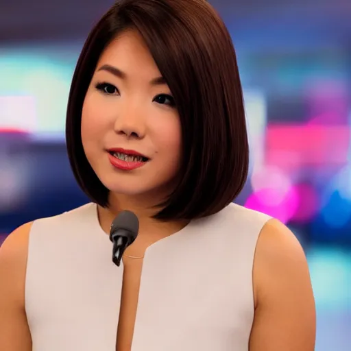 Prompt: a fullbody shot of a beautiful, asian - american female news anchor, with a bob cut, ultra hd, high definition, high quality, crisp, sharp, smooth, 8 k resolution