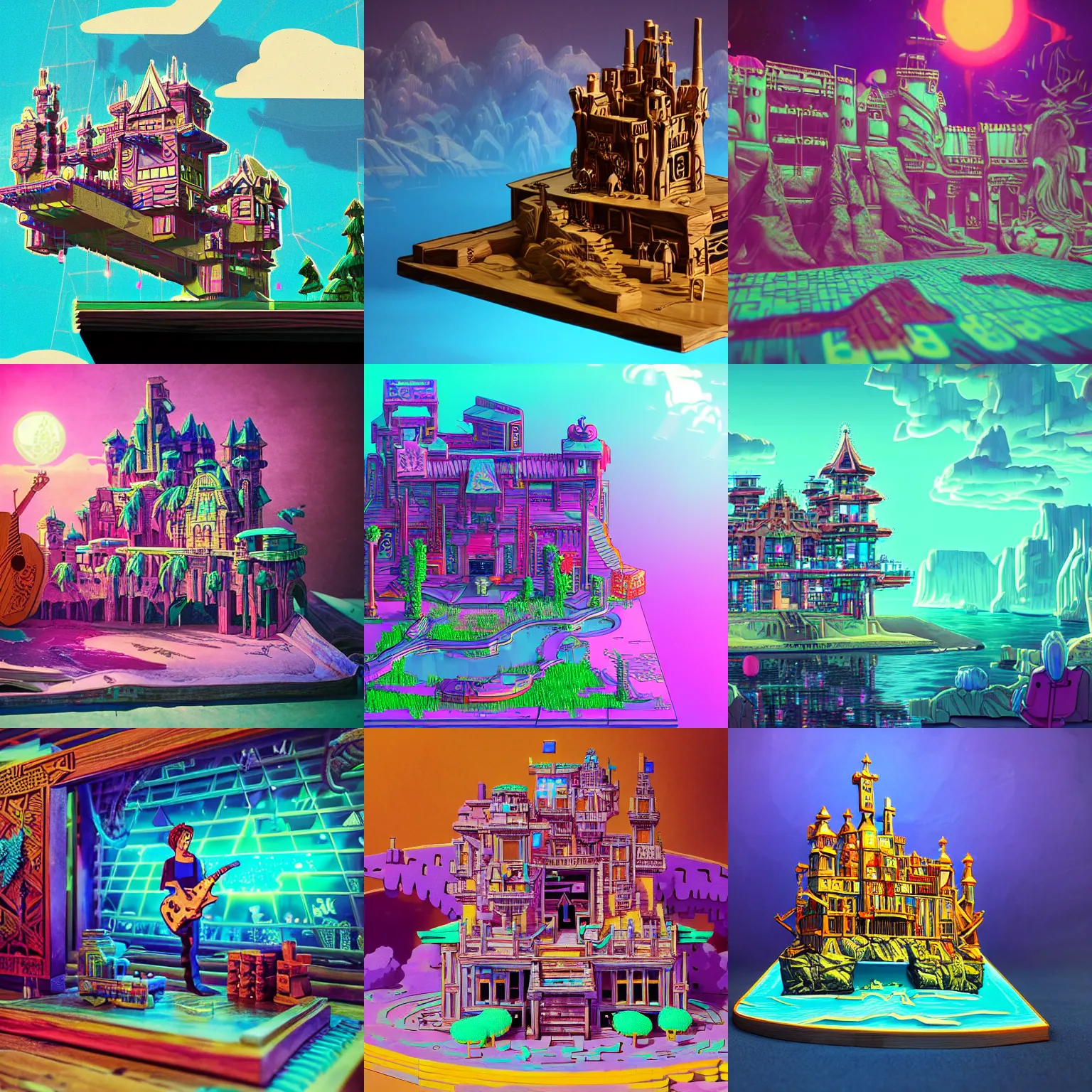 Prompt: a vaporwave cyberpunk photorealistic fantasy wood carving of a floating castle with tapestries of adalasion monotronics, in the world of adventure time, man playing guitar.