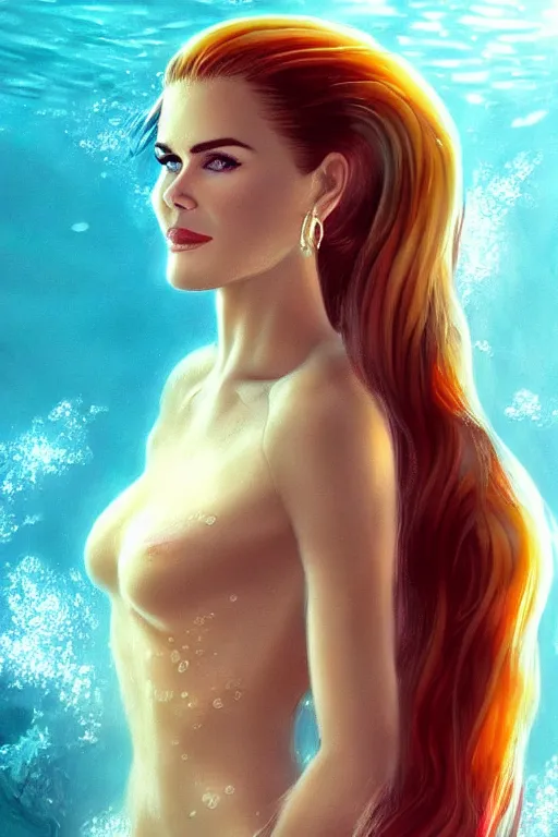 Image similar to mix of beautiful young maria shriver, mariel hemmingway, brooke shields, nicole kidman and elle macpherson as an underwater mermaid, thin lips, hair tied up in a pony tail, dark blonde hair, colorful, artstation, cgsociety