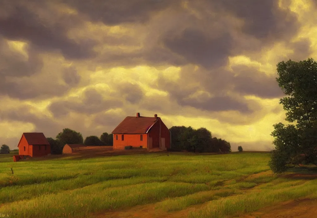 Prompt: a landscape painting of an old farm house in the countryside, autumn, painting by kenton nelson, dusk light, storm clouds, windy