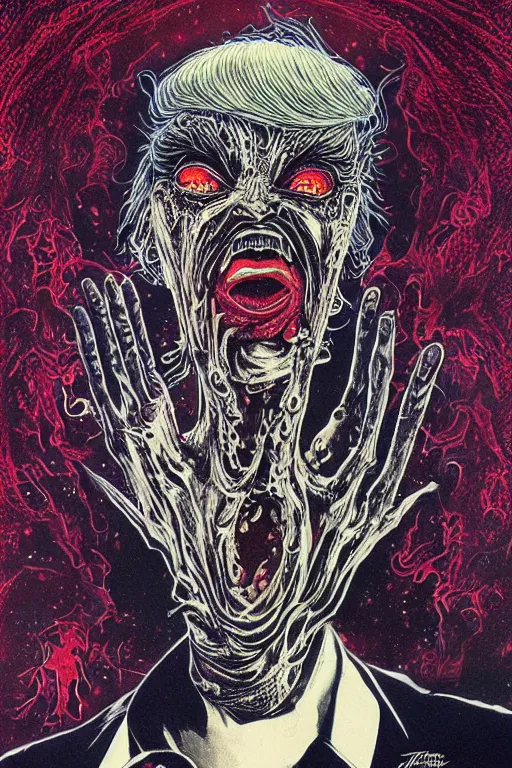 Image similar to donald trump's disgusting true form, horror, high details, intricate details, by vincent di fate, artgerm julie bell beeple, 90s, inking, vintage 60s print, screen print