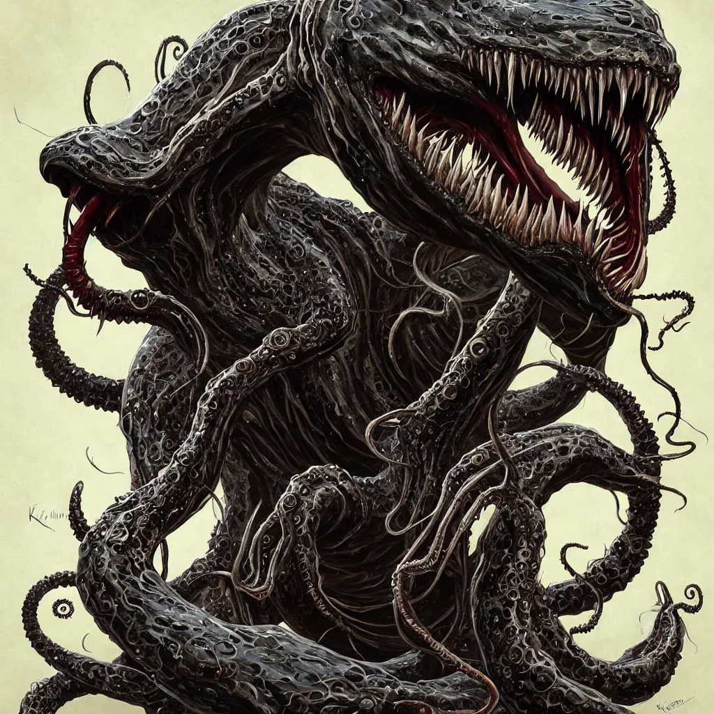 Image similar to venom, large mouth with teeth!!!!, elongated arms, short legs, lovecraftian horror!, surrealism, fantasy, intricate, elegant, highly detailed, digital painting, artstation, concept art, matte, sharp focus, illustration, art by keith thompson and christopher lane