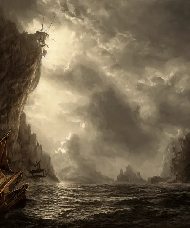 Image similar to photorealistic sepia painting of a pirate ship sailing in front of a tropical island cliff with the mouth of a grotto at the waterline, dark, brooding, atmospheric, lovecraft, by dave dorman