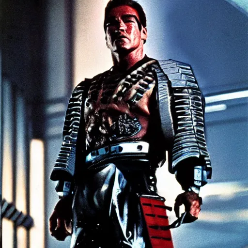 Image similar to schwarzenegger as cyberpunk samurai, 1 9 8 0 s movie still frame, art by ridley scott