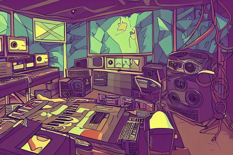 Prompt: musical production studio in steven universe video game art style, hiphop, hick outlines, color vector art, artstation, intricate details, illustration, 4 5 degree camera angle