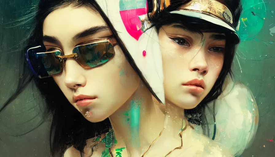 Image similar to madison beer, detailed portrait young gangster woman, amazing beauty, visor, neon tattoo, styled hair, decorated traditional japanese ornaments by carl spitzweg, ismail inceoglu, vdragan bibin, hans thoma, greg rutkowski, alexandros pyromallis, perfect face, fine details, realistic shaded