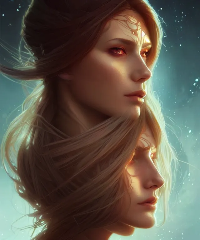 Image similar to futuristic woman android portrait, sci-fi, amber eyes, face, long hair, fantasy, intricate, elegant, highly detailed, digital painting, artstation, concept art, smooth, sharp focus, illustration, art by artgerm and greg rutkowski and alphonse mucha