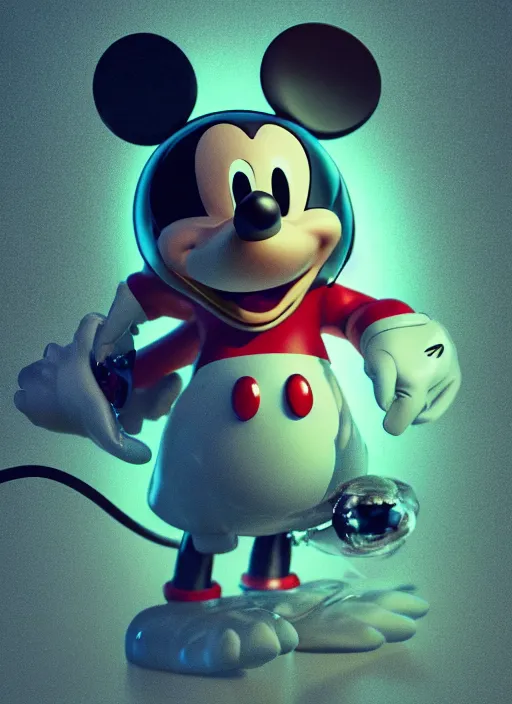 Prompt: Mickey mouse, fractal, broken, wet, mycelium, radiant alien, rococo, baroque, automotive, bio-mechanical, porcelain, iridescent sub surface scattering, octane render