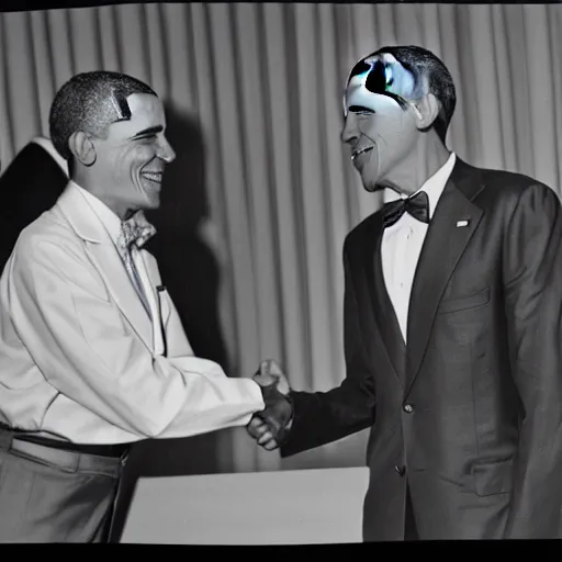 Image similar to 35mm photograph of Dr Manhattan shaking hands with Obama