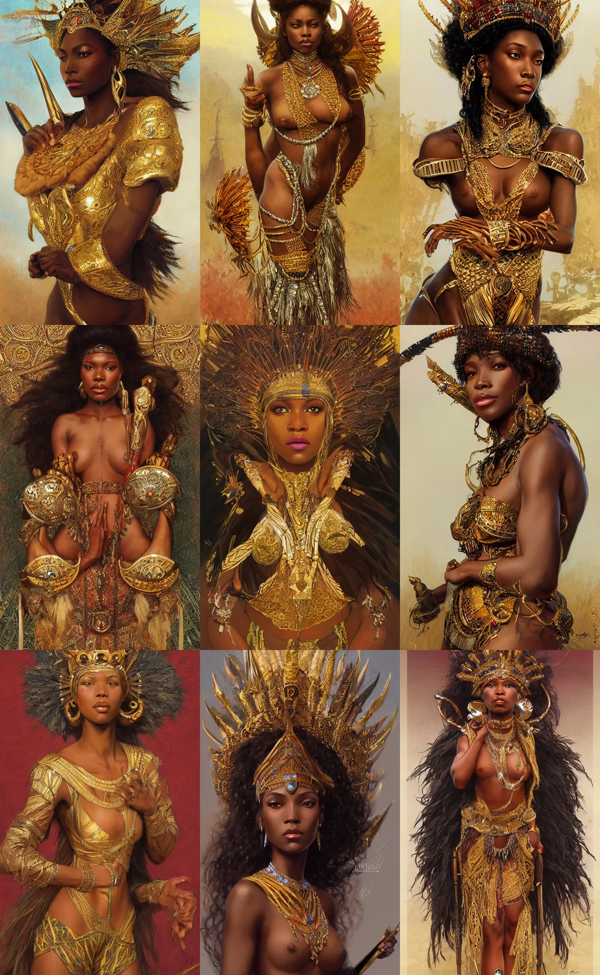 Prompt: jourdan as zulu queen, intricate, elegant, highly detailed, digital painting, artstation, concept art, smooth, sharp focus, illustration, art by rutkowski, mucha, orientalism, bouguereau