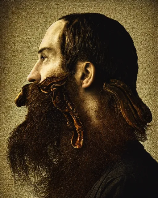 Prompt: a man's face in profile, long beard, made of mushrooms, in the style of the Dutch masters and Gregory Crewdson, dark and moody