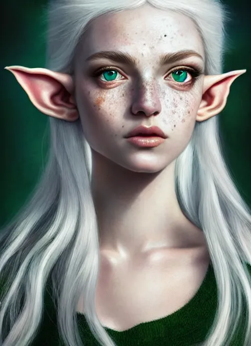 Prompt: a beautiful portrait, white background, gorgeous fantasy elf. black top, professionally retouched, soft lighting, realistic, smooth face, freckles on nose, beautiful green eyes, long white hair, cute ears, wide angle, sharp focus on the eyes, 8 k high definition, insanely detailed, intricate, elegant, beautiful, art by artgerm and wlop