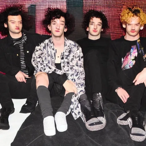 Prompt: the 1 9 7 5 performing at coachella, band performance, close up pictures of matty healy, joy, crowd