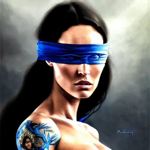 Prompt: ! dream portrait of megan fox blindfolded, muscular upper body, collar, greek, jewelry, blue dress, fantasy, intricate, elegant, highly detailed, digital painting, artstation, concept art, matte, sharp focus, illustration, art by aenaluck and roberto ferri and greg rutkowski, epic fantasy, digital painting