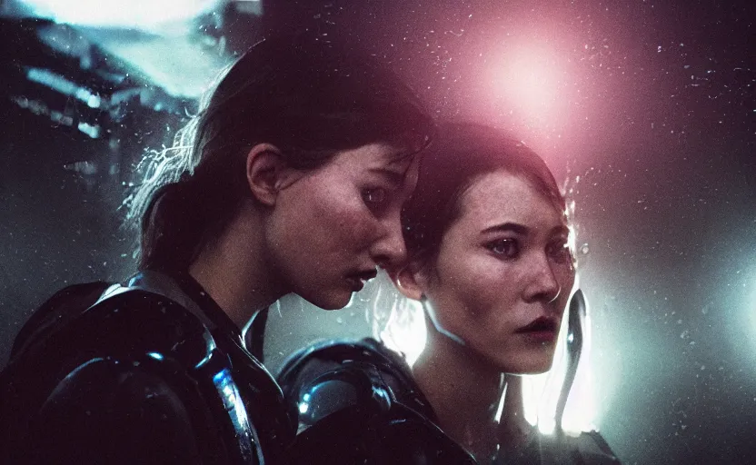 Image similar to cinestill 5 0 d candid photographic portrait by steven spielberg of two loving female androids sobbing wearing rugged black mesh techwear in treacherous waters, flooded city, medium closeup, retrofuturism cyberpunk moody emotional cinematic, pouring iridescent rain bright spotlight helicopter, 8 k, hd, high resolution, 3 5 mm, f / 3 2, ultra realistic faces, ex machina