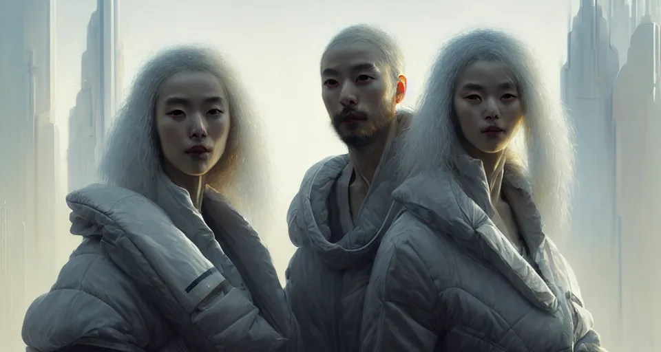 Image similar to portrait of yael shelbia and kang seul - gi, astronaut, symetrical facial, white hair, intricate design details. cyberpunk touareg, by ruan jia, weldon casey, christophe vacher. smooth gradients, transparent inflatable structures.